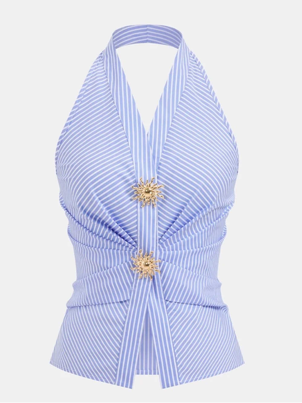Commense Cotton Blend Striped Blue & White Sun Gold Button Halter Top NEW Med